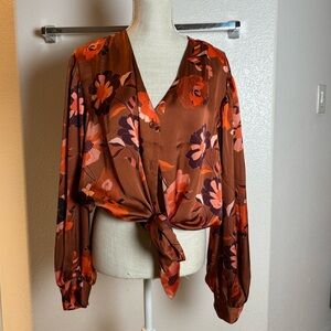 DR2 Floral Tie-Front Blouse - Brown and Red